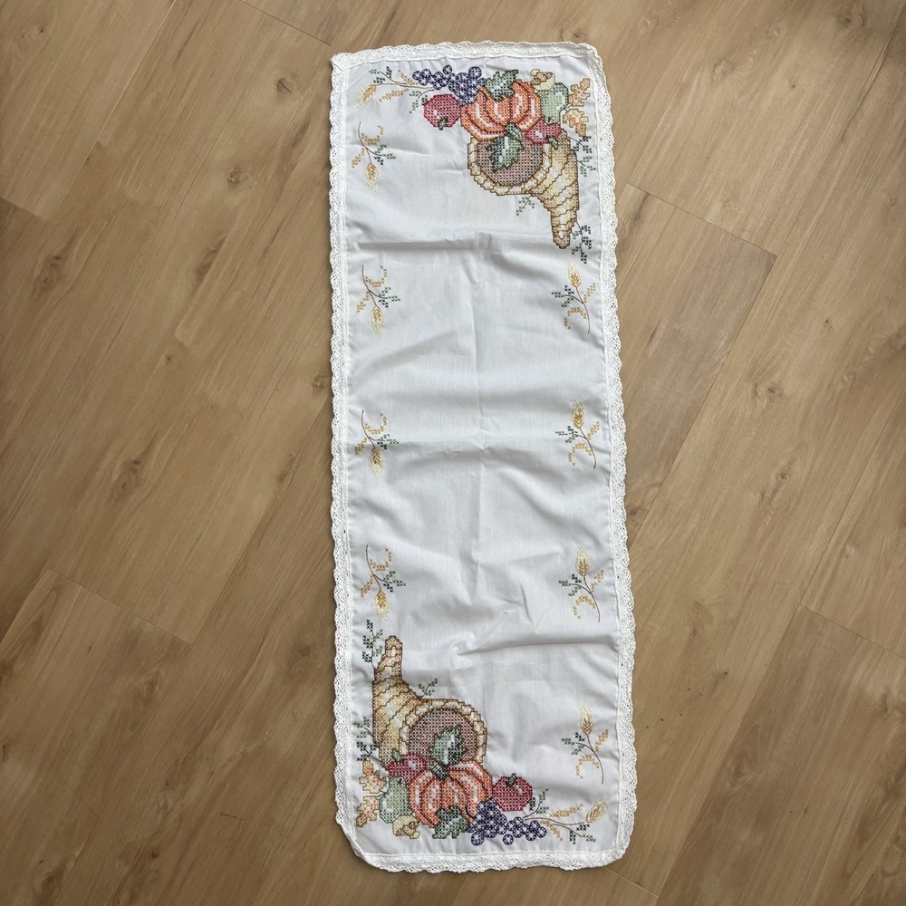 Cross Stitch Thanksgiving Table Runner Dresser Scarf Fall Autumn Cornucopia 42"L
